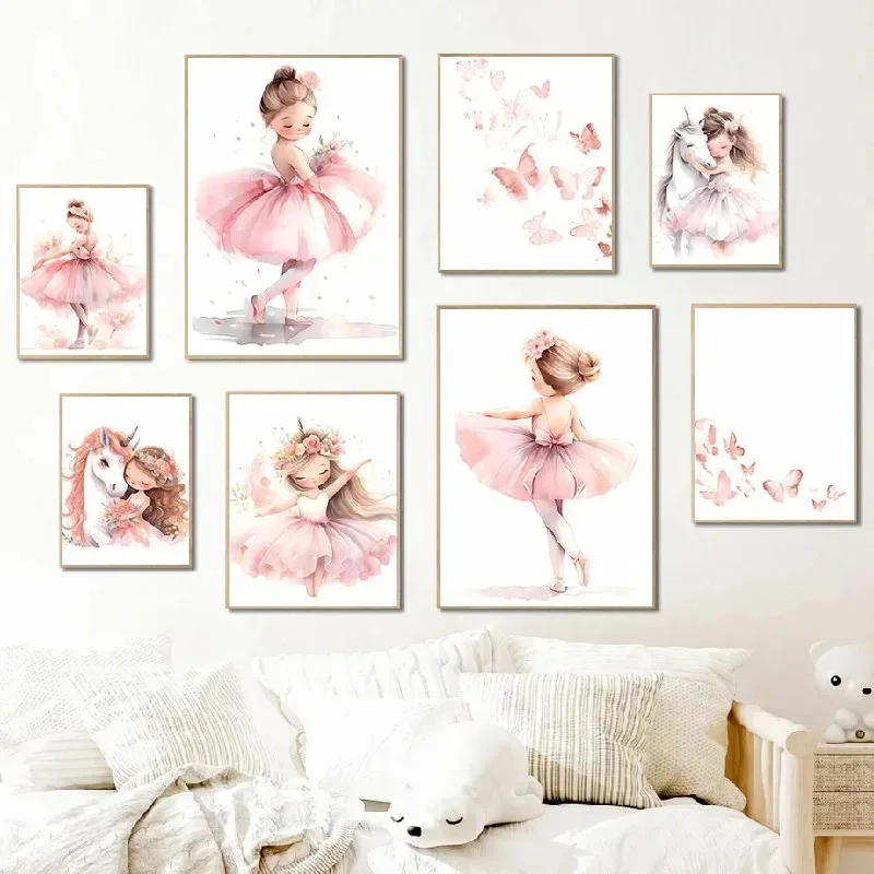 Baby Nursery Girl - Poster Kupu-kupu Unicorn Gadis Balerina Merah